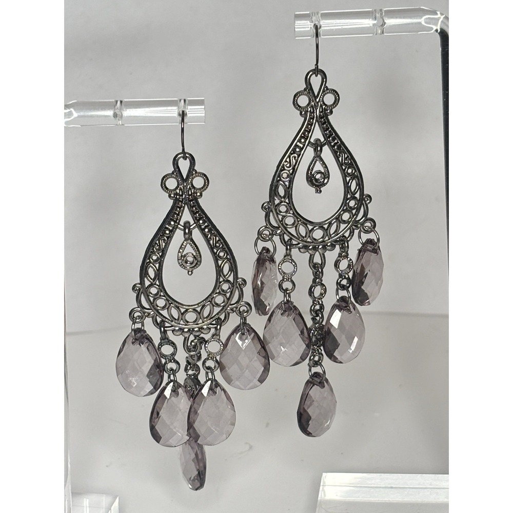 Chandelier Earrings Goth Smoky Gray Faceted Teardrop Dangles 4"